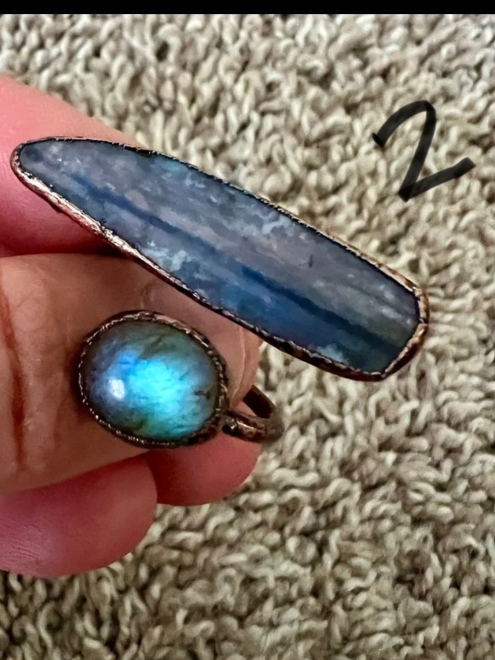 LAST ONE! Raw Kyanite + Flash Labradorite Adjustable Copper Ring 7 8 9 10 - Picture 3 of 6